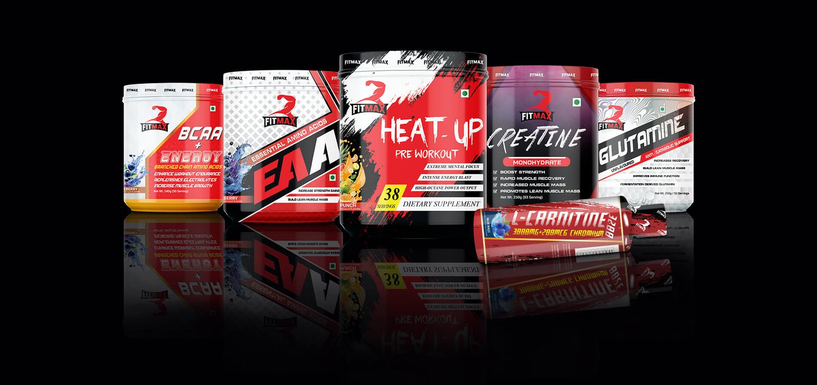 Fitmax BCAA, EAA, Heat-Up pre-workout, Creatine Monohydrate, Glutamine and L-Carnitine containers